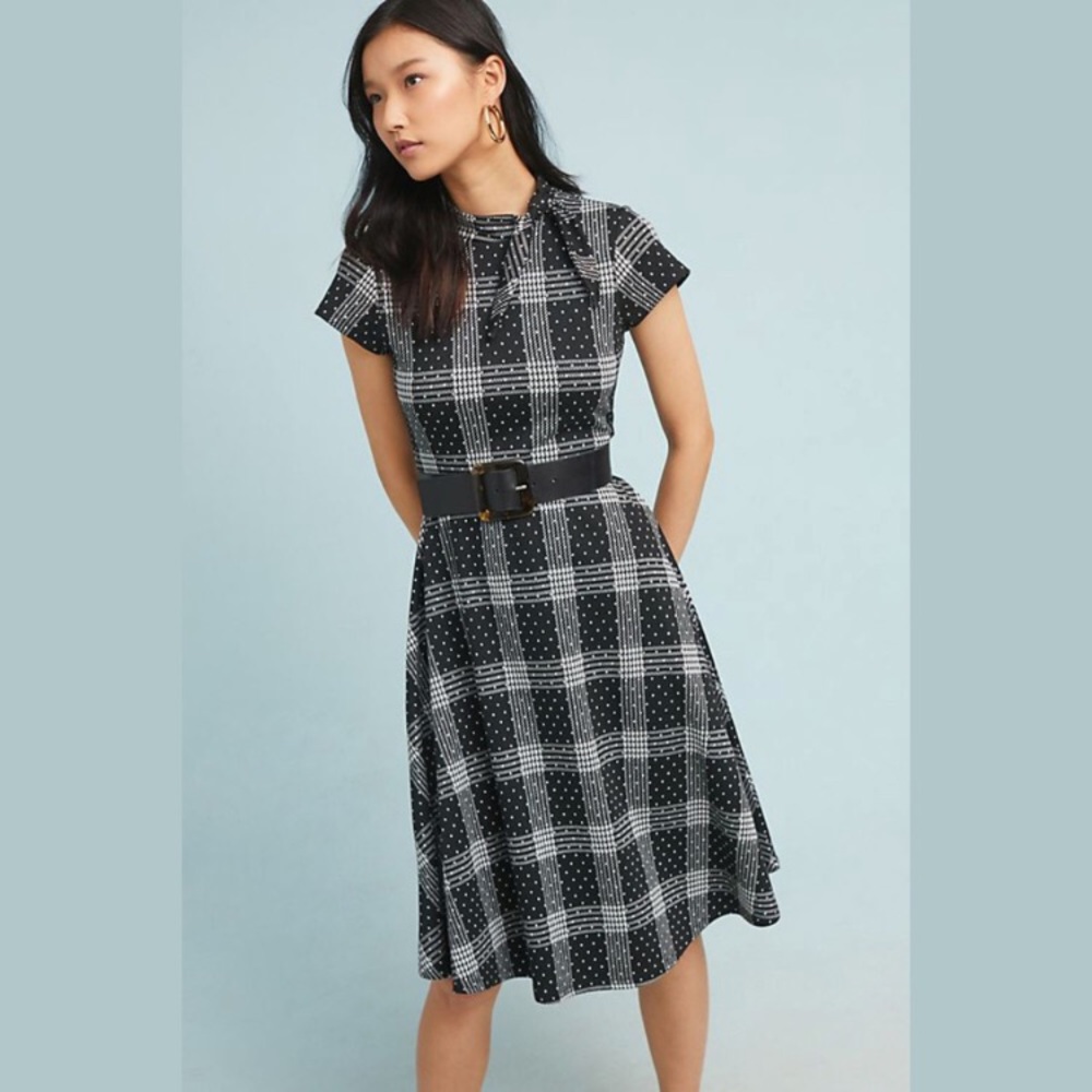 SOLD - ANTHROPOLOGIE Maeve Plaid Tie Neck Jacquard Dress